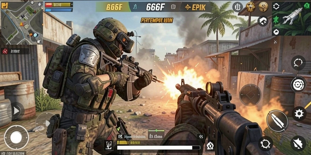 Screenshot utama 666F menampilkan aksi mendebarkan di medan perang FPS.
