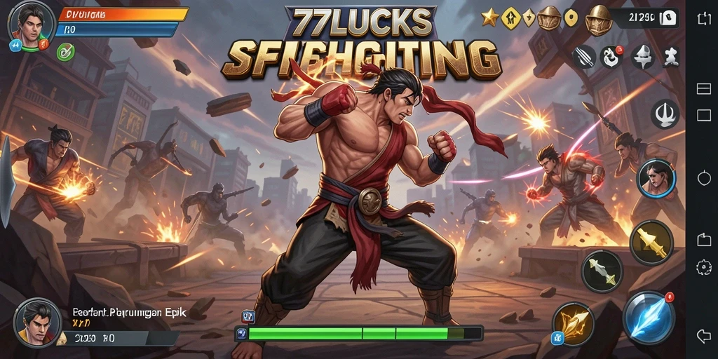 Screenshot gameplay <strong>77LUCKS</strong> menunjukkan pertarungan yang seru dan karakter yang menarik.