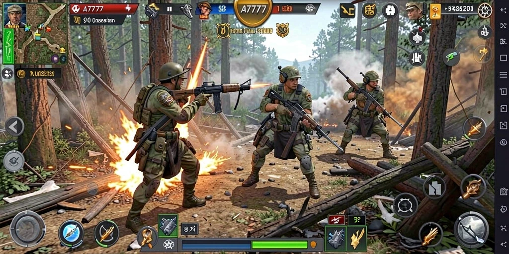 Tampilan gameplay yang mendebarkan dalam A7777 dengan pertempuran strategis.