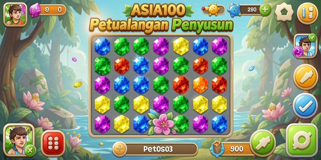 Tangkapan layar gameplay ASIA100 dengan permata warna-warni dan tantangan menarik.