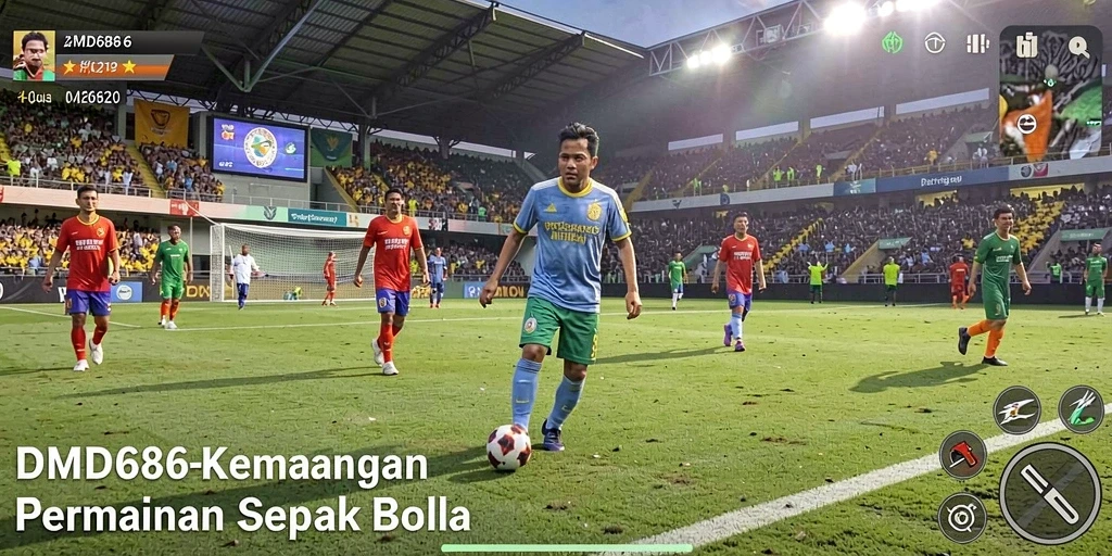Screenshot dari gameplay DMD686 yang menampilkan aksi sepak bola yang mendebarkan.
