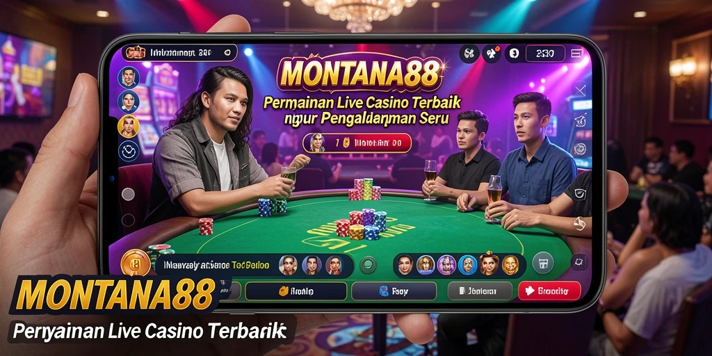 Screenshot gameplay MONTANA88 yang menampilkan dealer langsung dan suasana kasino.