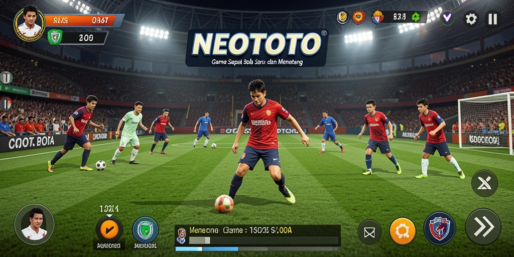 Screenshot utama NEOTOTO menunjukkan aksi pertandingan sepak bola yang intens.