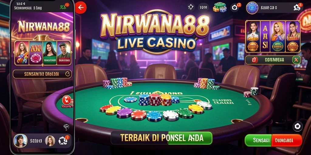 Screenshot gameplay NIRWANA88 dengan dealer langsung dan suasana kasino.