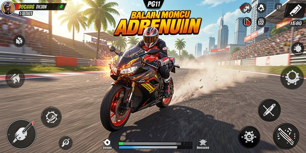 Tangkapan layar PG11 menampilkan intesitas balapan motor yang mendebarkan.