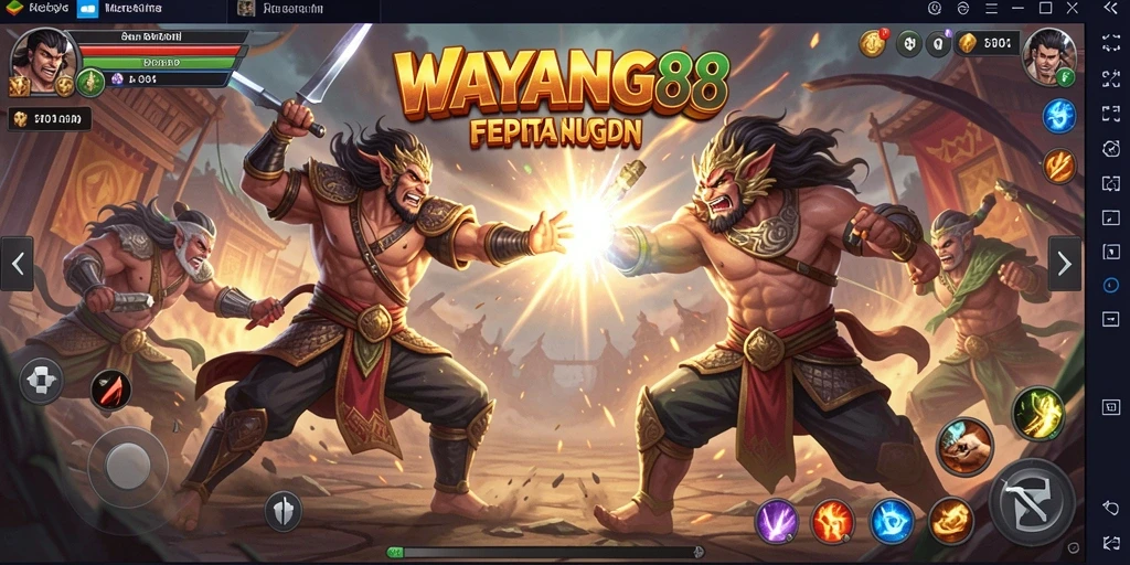 Tangkapan layar <strong>WAYANG88</strong> menampilkan pertarungan epik dengan karakter legendaris.