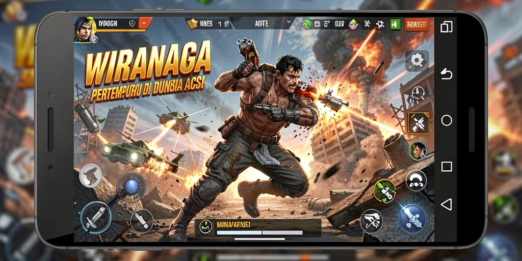 Screenshot permainan WIRANAGA menampilkan aksi pertempuran yang menegangkan.